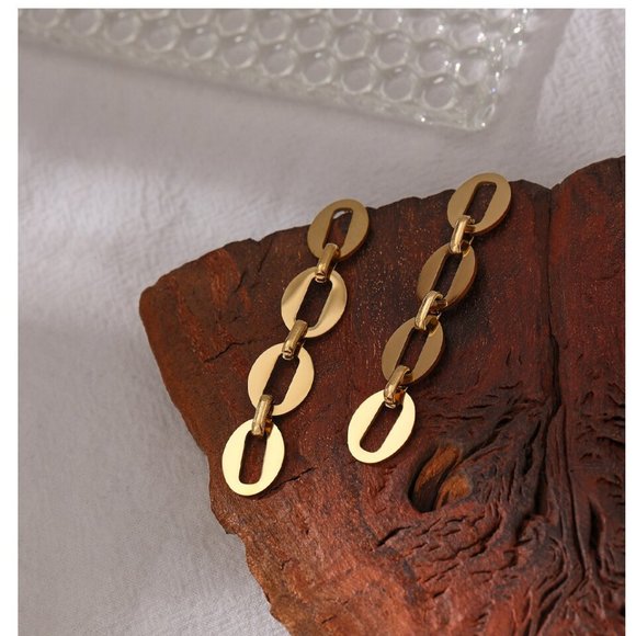 Jewelry - Trendy Round Long Dangle Earrings Simple Gold Metal Stainless Steel EARRINGS